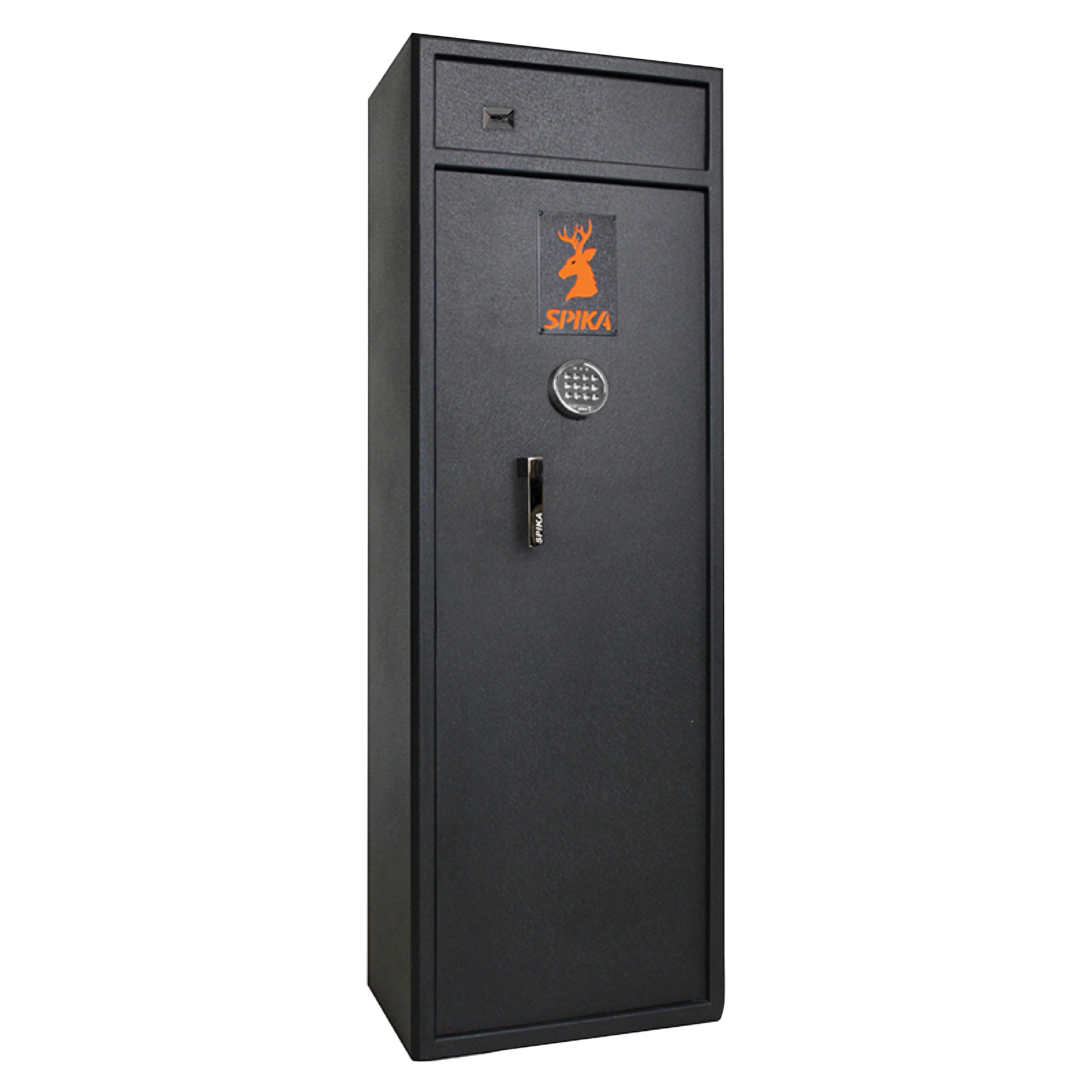 Black safe with a logo on a white background