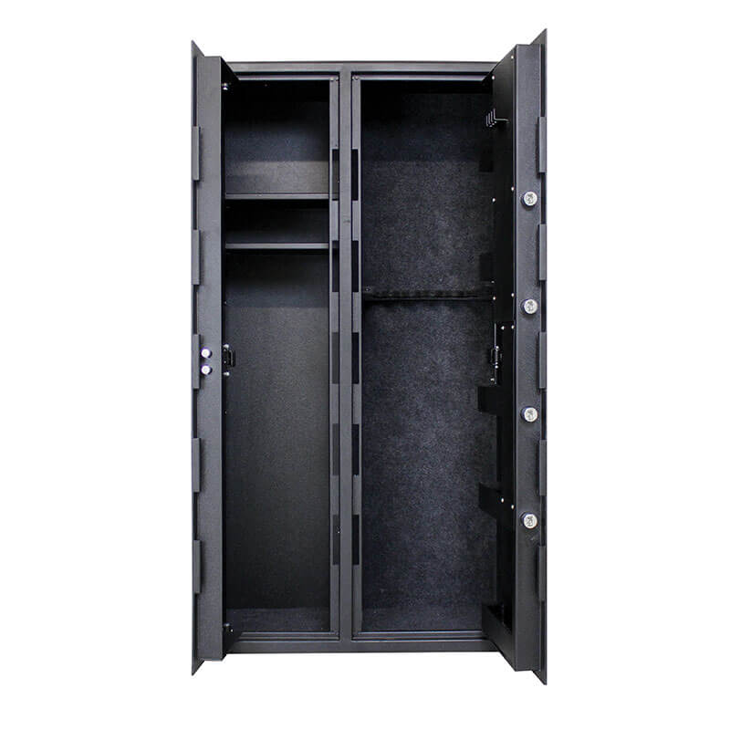 Black gun cabinet with open doors on a white background