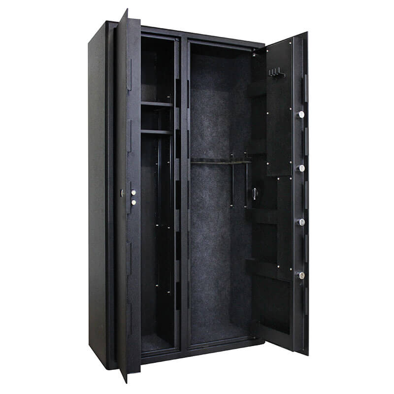 Black metal storage cabinet with open doors on a white background