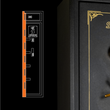 Black safe with gold accents on a black background showing the reinforced door edge