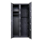 Black gun cabinet with open doors on a white background