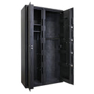 Black metal storage cabinet with open doors on a white background